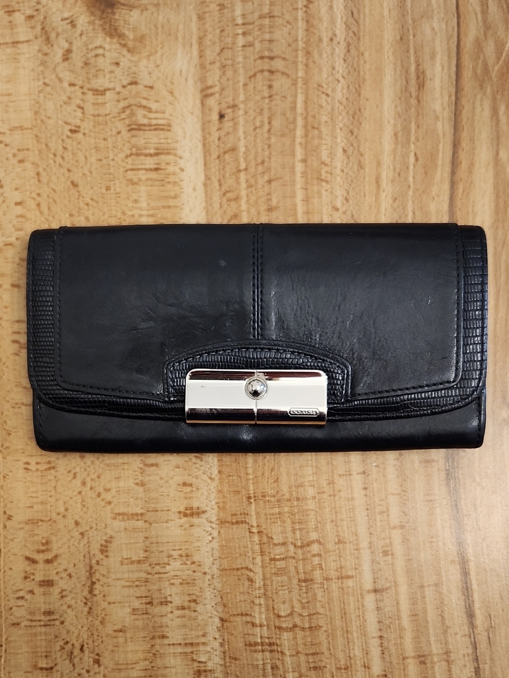 Coach Kristin Black Leather Slim Bifold Wallet Flap Clutch Purse
